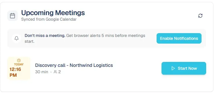Upcoming meetings synced from Google Calendar, with a Start button on the next one