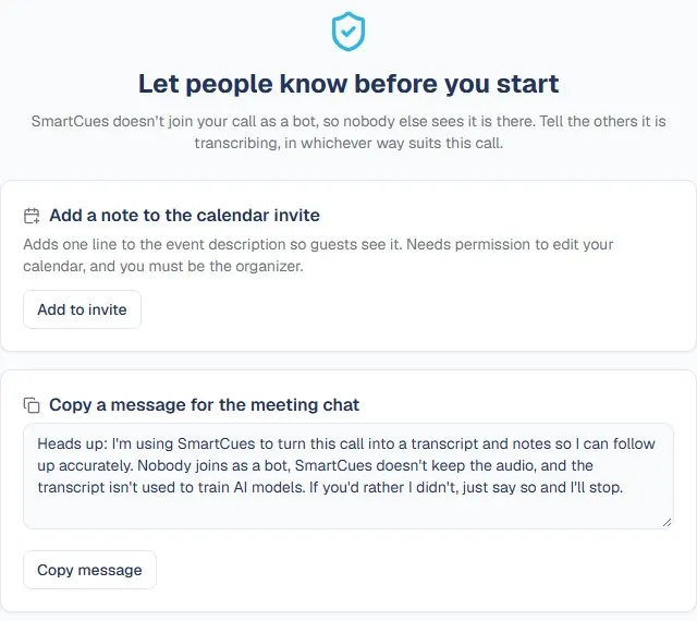 The step that asks you to tell the others before transcription starts: add a note to the calendar invite, copy a chat message, or say a short script