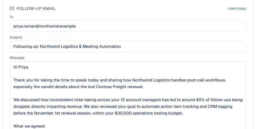A follow-up email draft addressed to the attendee, with the discussion recapped