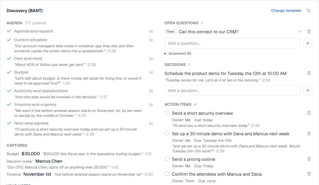 SmartCues live panel for a discovery call: the agenda ticked off with quotes, open questions, a decision, and action items with owners and due dates