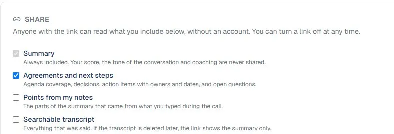 Share options: choose whether the link includes the summary, agreements, your notes, or a searchable transcript