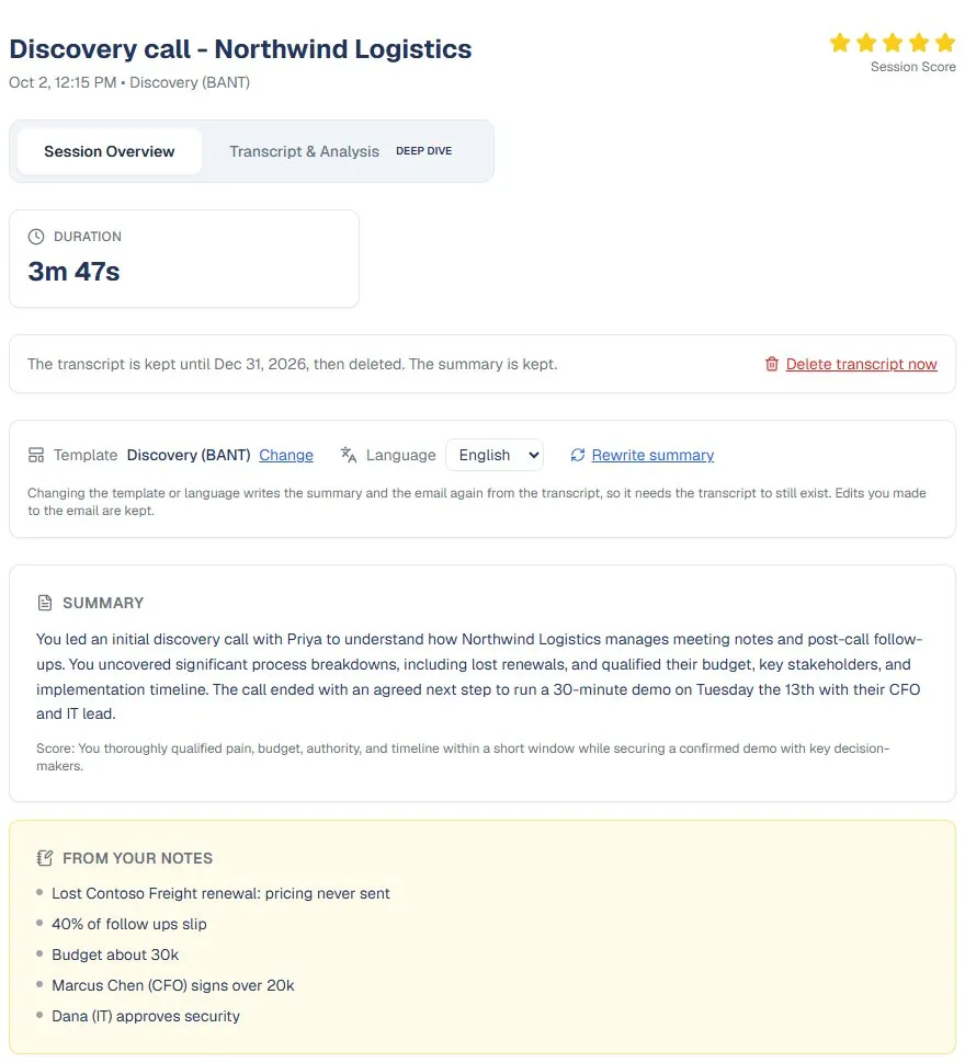 Post-call summary for a discovery call, with the user's own notes shown beneath it