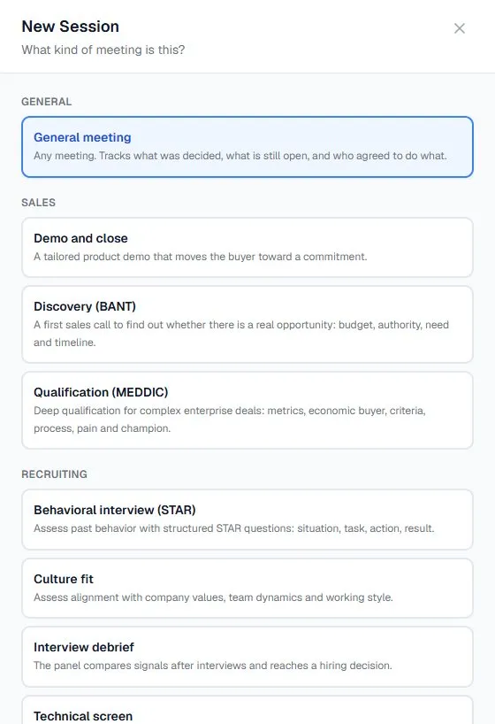 Choosing the kind of meeting: general, sales, and recruiting templates, each with a one-line description